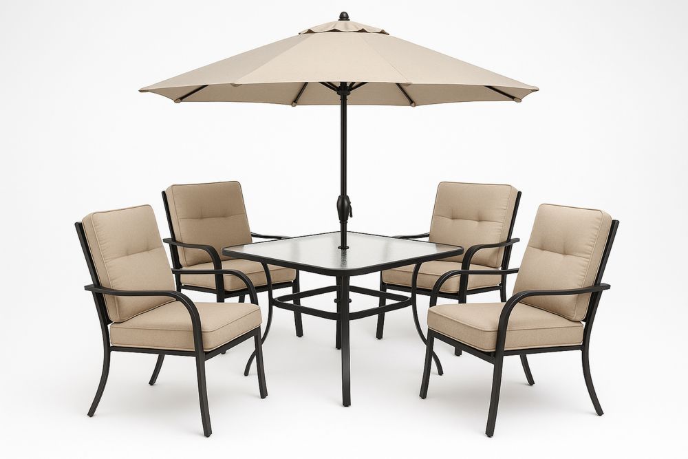 Zahradní nábytková sada kov a látka s deštníkem béžová stůl 100x100 cm židle 80x60 cm-Casavivapt