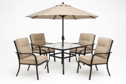 Zahradní nábytková sada kov a látka s deštníkem béžová stůl 100x100 cm židle 80x60 cm-Casavivapt