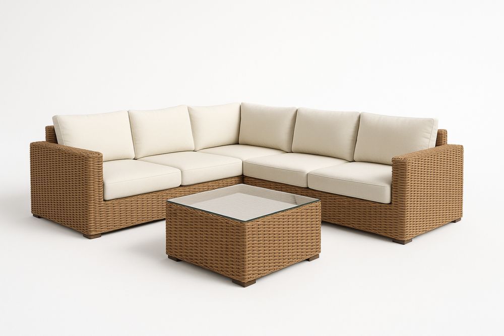 Rohová venkovní sedačka z umělého ratanu s látkovými polštáři a skleněným stolkem-Casavivapt