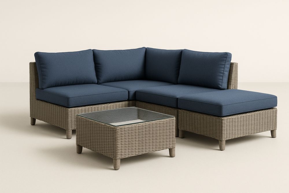 Sada zahradního nábytku z ratanu s modrými polštáři a stolkem-Casavivapt
