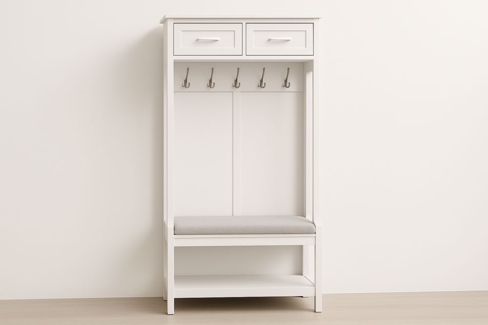 Bílá dřevěná vstupní lavice s úložištěm a kovovými háčky-Casavivapt