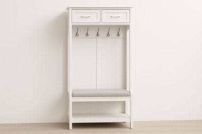 Bílá dřevěná vstupní lavice s úložištěm a kovovými háčky-Casavivapt