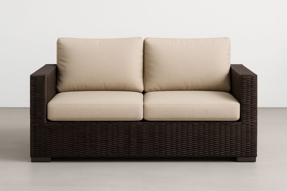 Hnědá dvoumístná pohovka z umělého ratanu s béžovými polštáři-Casavivapt