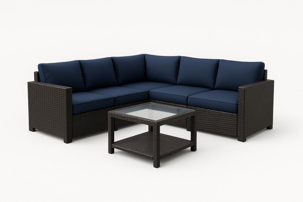 Rohová zahradní sedačka s modrými polštáři a konferenčním stolkem, ratan-Casavivapt