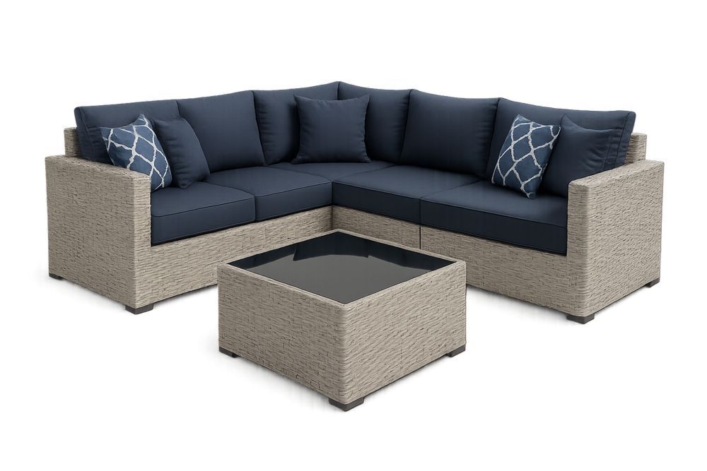 Ratanová zahradní sedačka tmavě modrá s konferenčním stolkem skleněná deska-Casavivapt