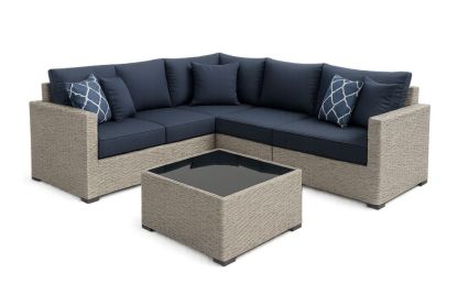 Ratanová zahradní sedačka tmavě modrá s konferenčním stolkem skleněná deska-Casavivapt