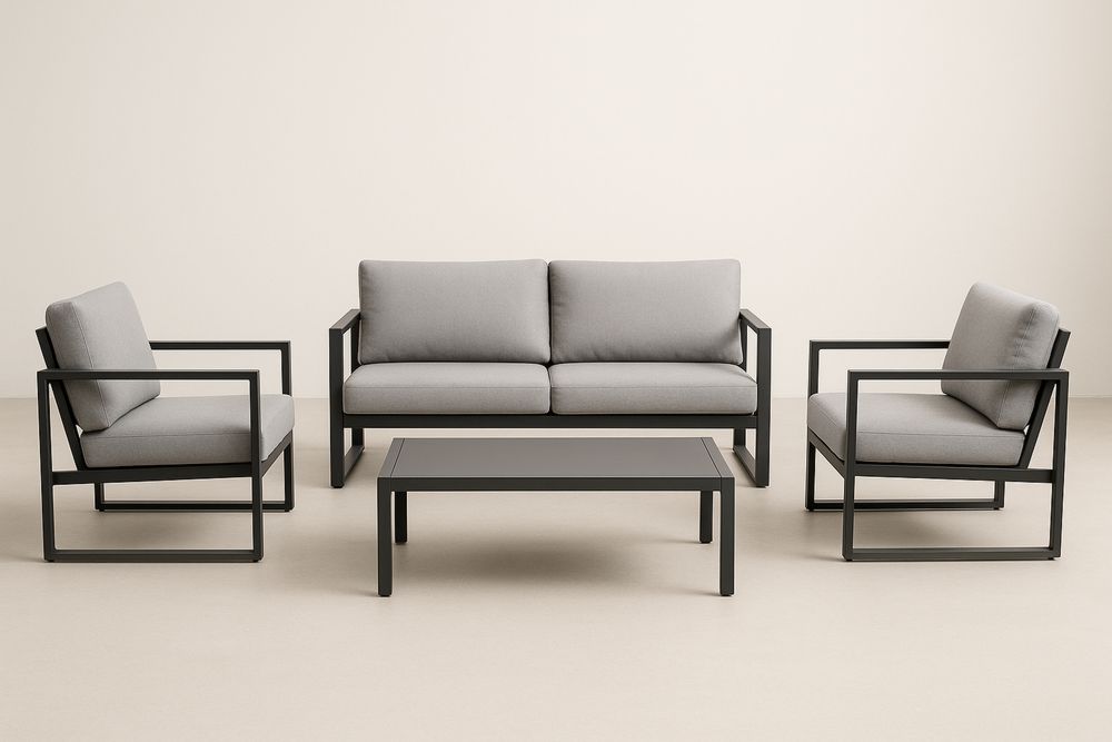 Šedá hliníková a polyesterová zahradní sedací souprava, 3místná pohovka, křesla a stůl-Casavivapt