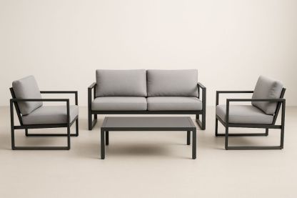 Šedá hliníková a polyesterová zahradní sedací souprava, 3místná pohovka, křesla a stůl-Casavivapt