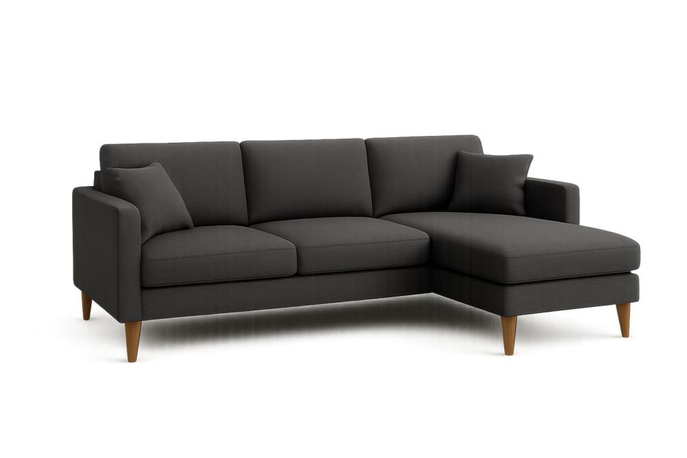 Tmavě šedá rohová sedačka s tkaninovým potahem a dřevěnými nohami-Casavivapt
