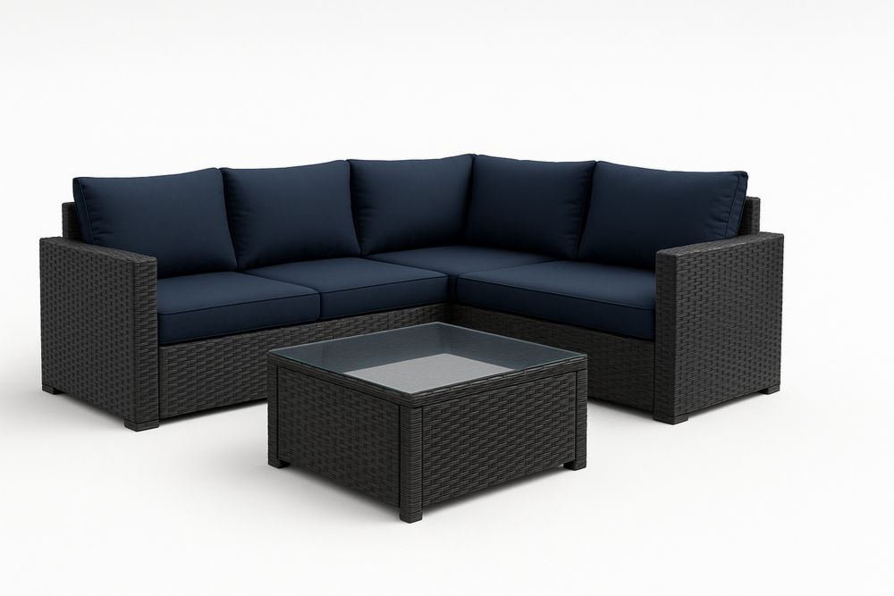 Ratanová zahradní sedací souprava tmavě modrá s polštáři a stolem-Casavivapt