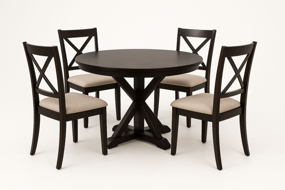 Kulatý jídelní stůl s 4 dřevěnými židlemi a textilními sedáky-Casavivapt