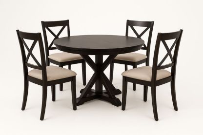 Kulatý jídelní stůl s 4 dřevěnými židlemi a textilními sedáky-Casavivapt