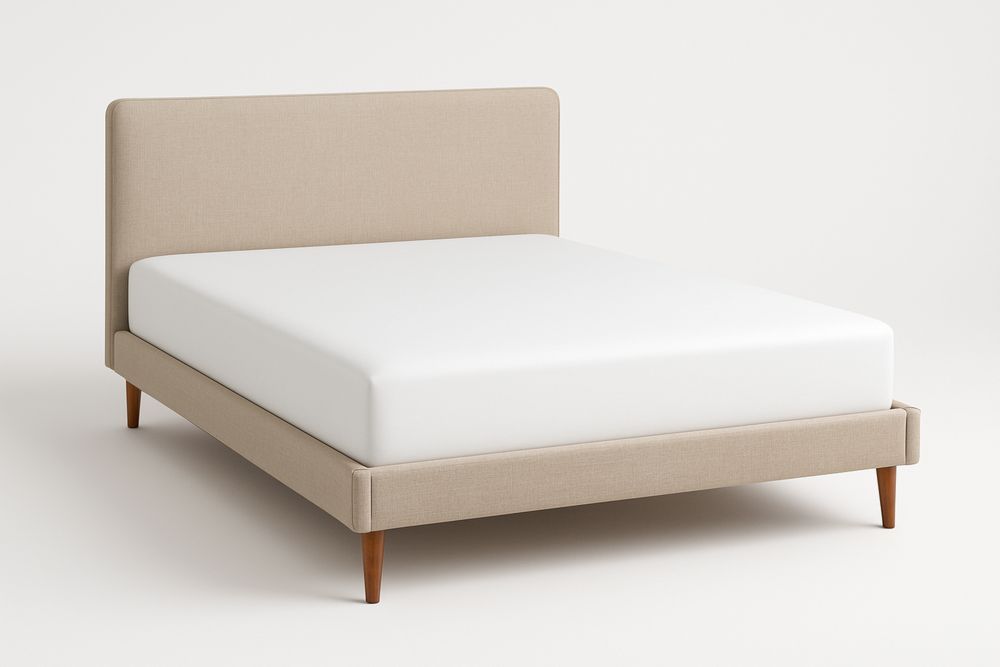 Postel z béžové látky s dřevěnými nohami-Casavivapt