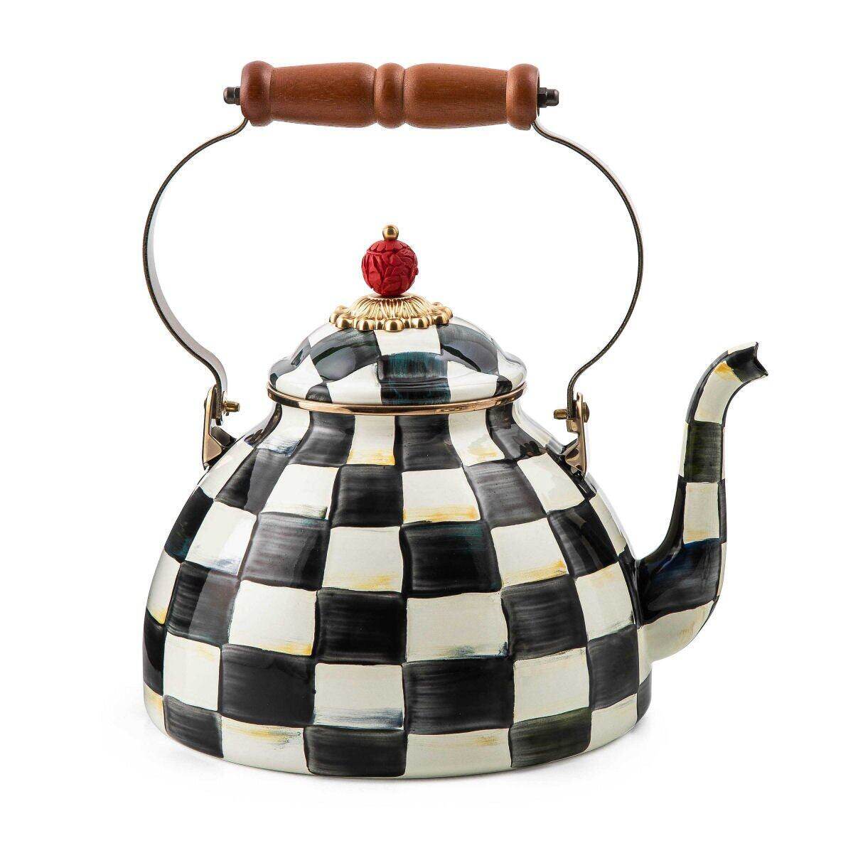 Iconic Black & White Courtly Check Enamel Tea Kettle by Mackenzie-Childs 2.84L
