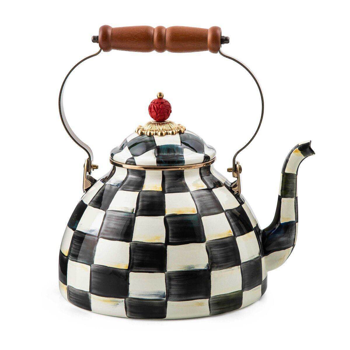 Iconic Black & White Courtly Check Enamel Tea Kettle by Mackenzie-Childs 2.84L