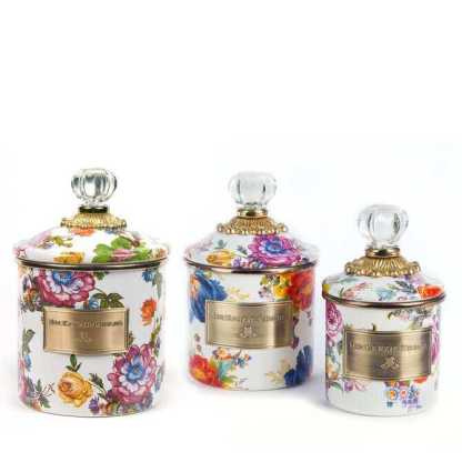 White Flower Market Enamel Canisters