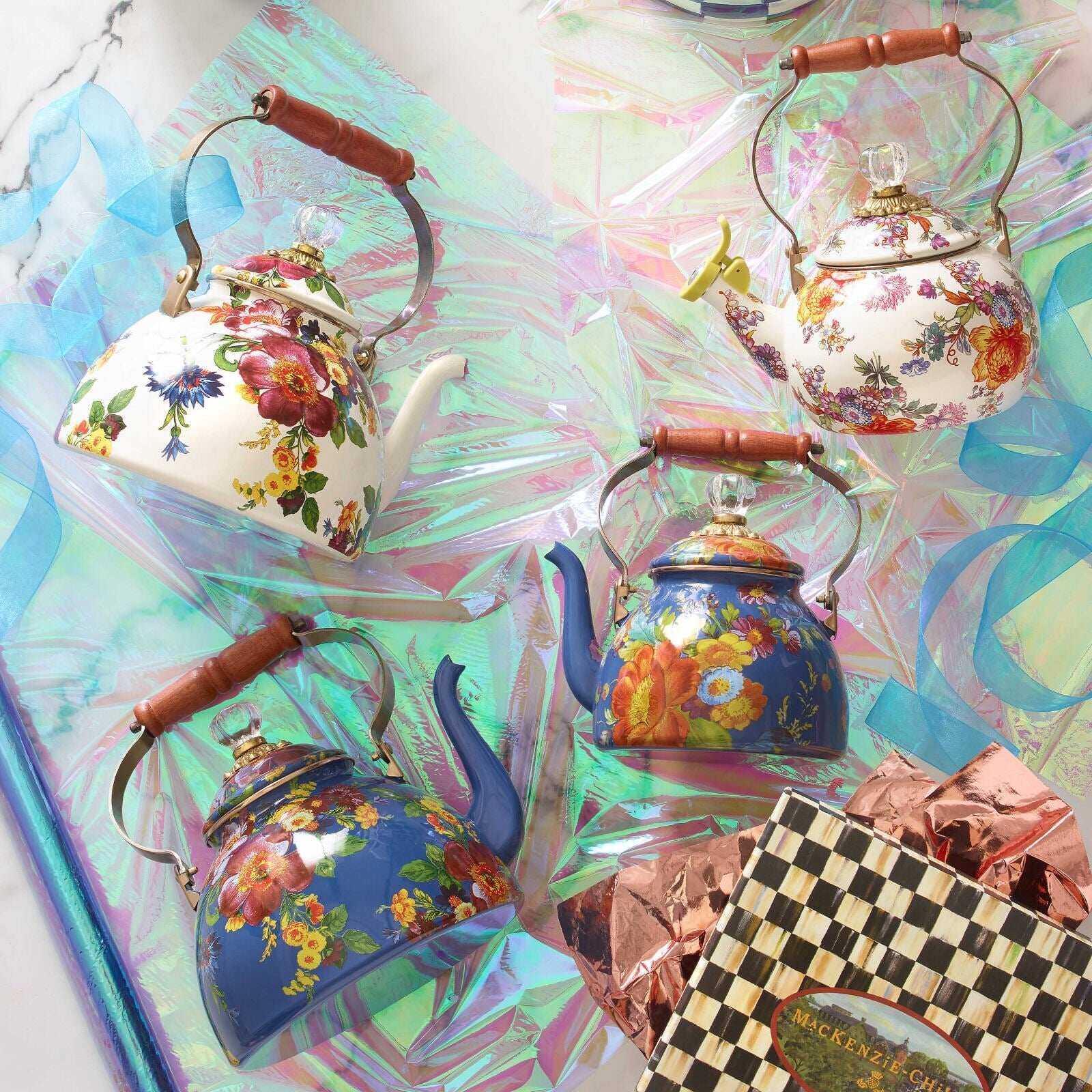 Flower Market Blue Enamel Tea Kettle - Lapis by Mackenzie Childs 2.84L