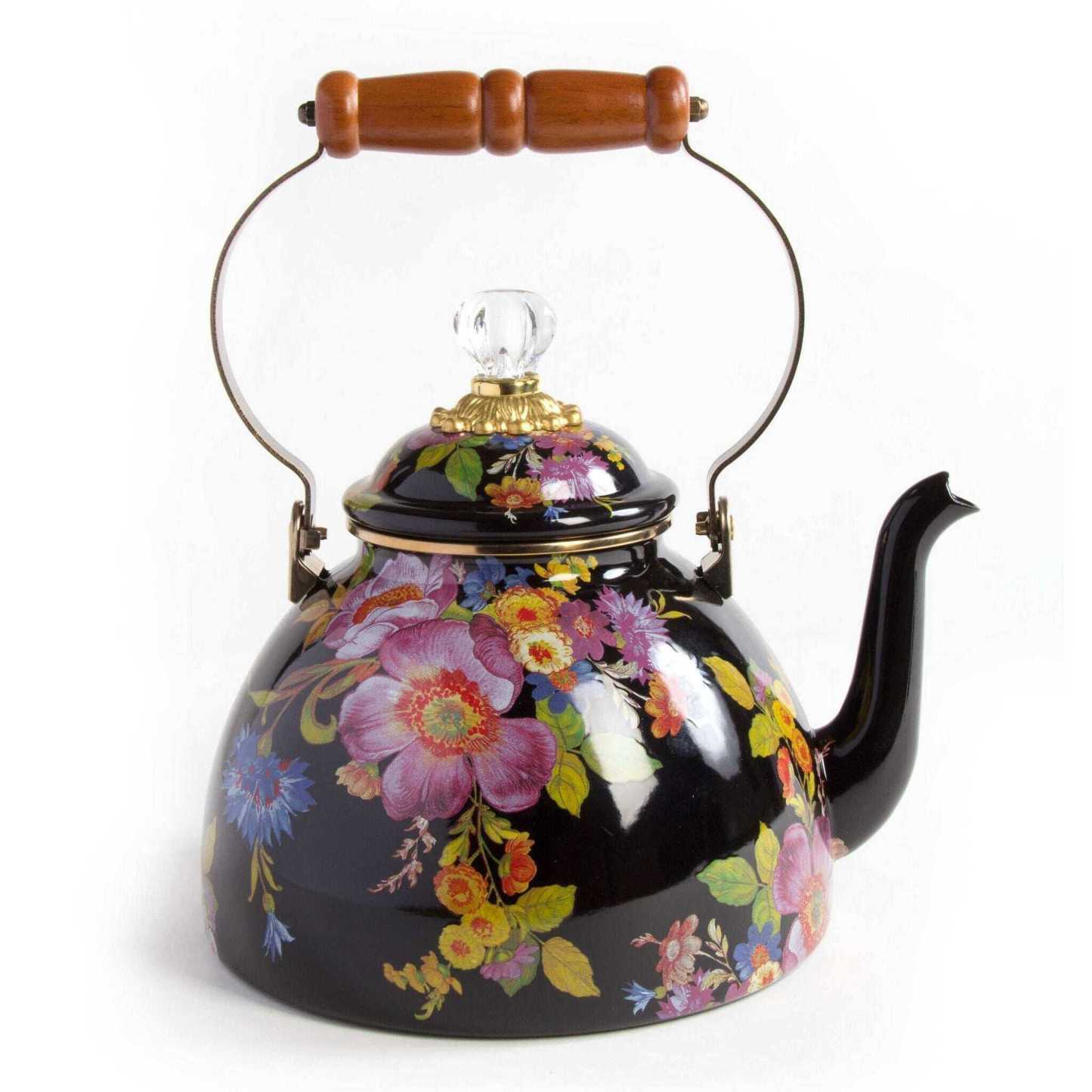 Flower Market Black Enamel Tea Kettle by Mackenzie Childs 2.84L