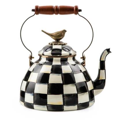 Iconic Black & White Courtly Check Enamel Tea Kettle with Bird 2.84L