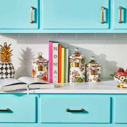 White Flower Market Enamel Canisters