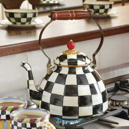 Iconic Black & White Courtly Check Enamel Tea Kettle by Mackenzie-Childs 2.84L