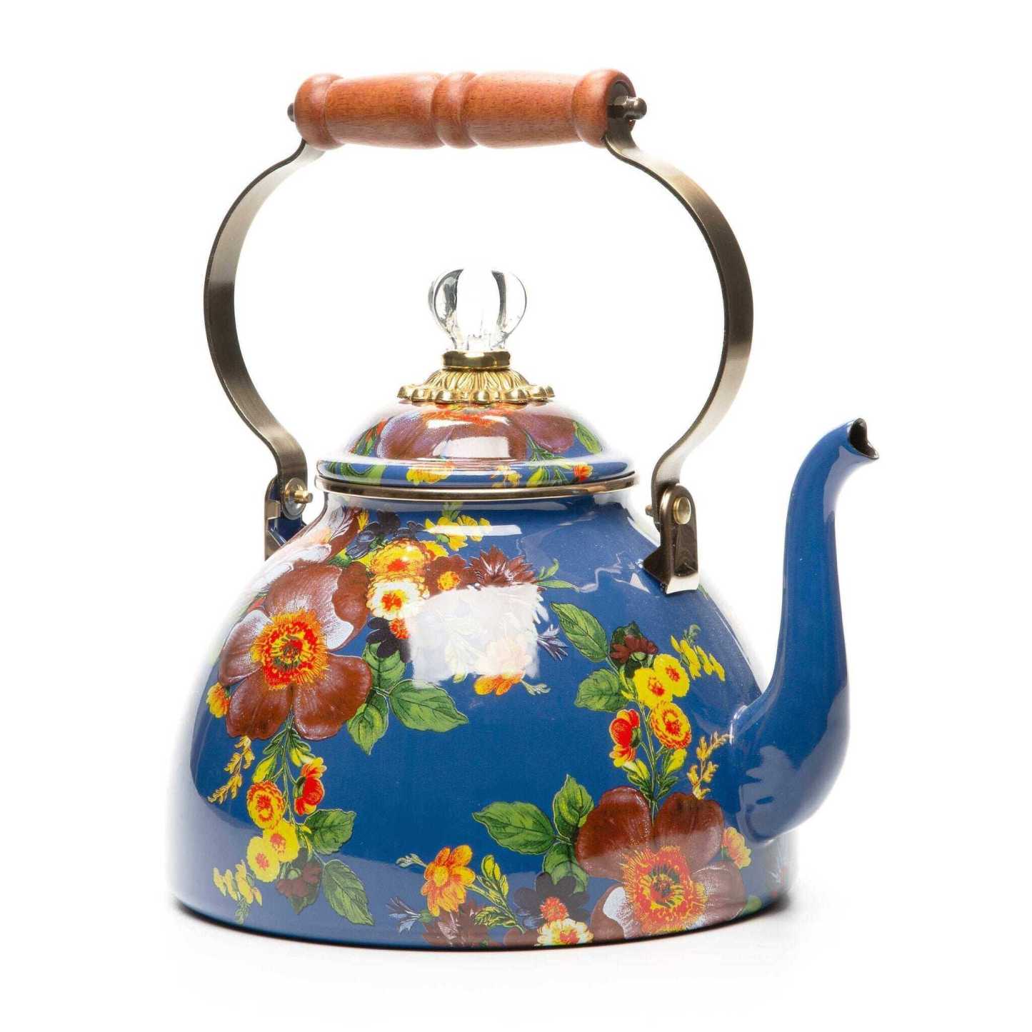 Flower Market Blue Enamel Tea Kettle - Lapis by Mackenzie Childs 2.84L