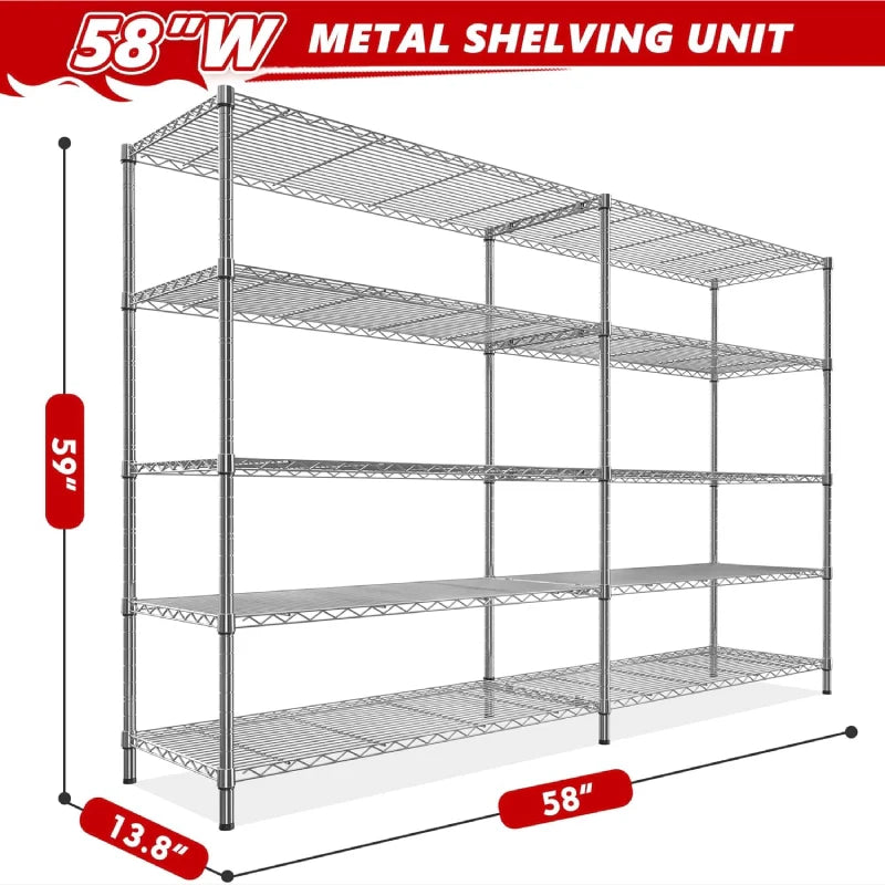 58" W Storage Shelves Wire Shelving Unit 1400LB Metal Shelves