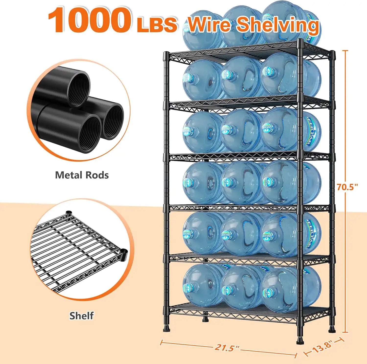 21.5"W Metal Wire Rack, 6-Tier Adjusatble, 1000lbs Wire Shelving Units