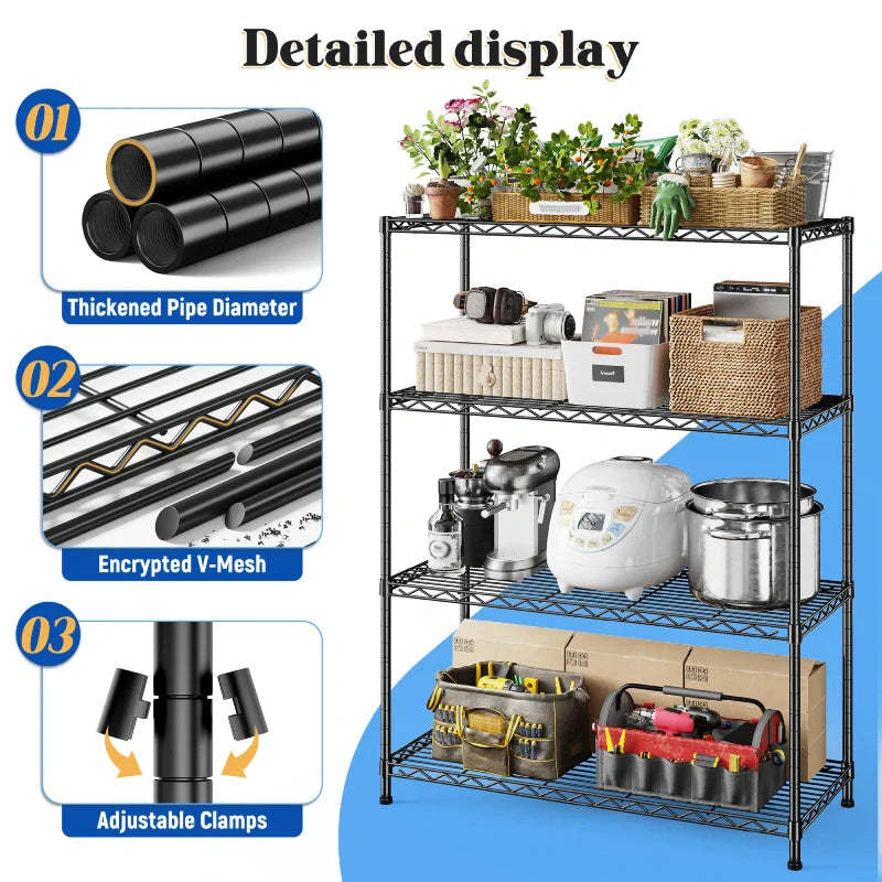 3-Shlef Metal Shelves, Adjustable Steel Wire Shelving Units, Storage Rack