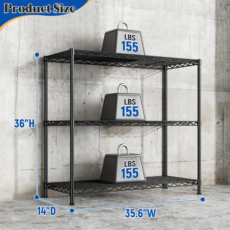3-Shlef Metal Shelves, Adjustable Steel Wire Shelving Units, Storage Rack