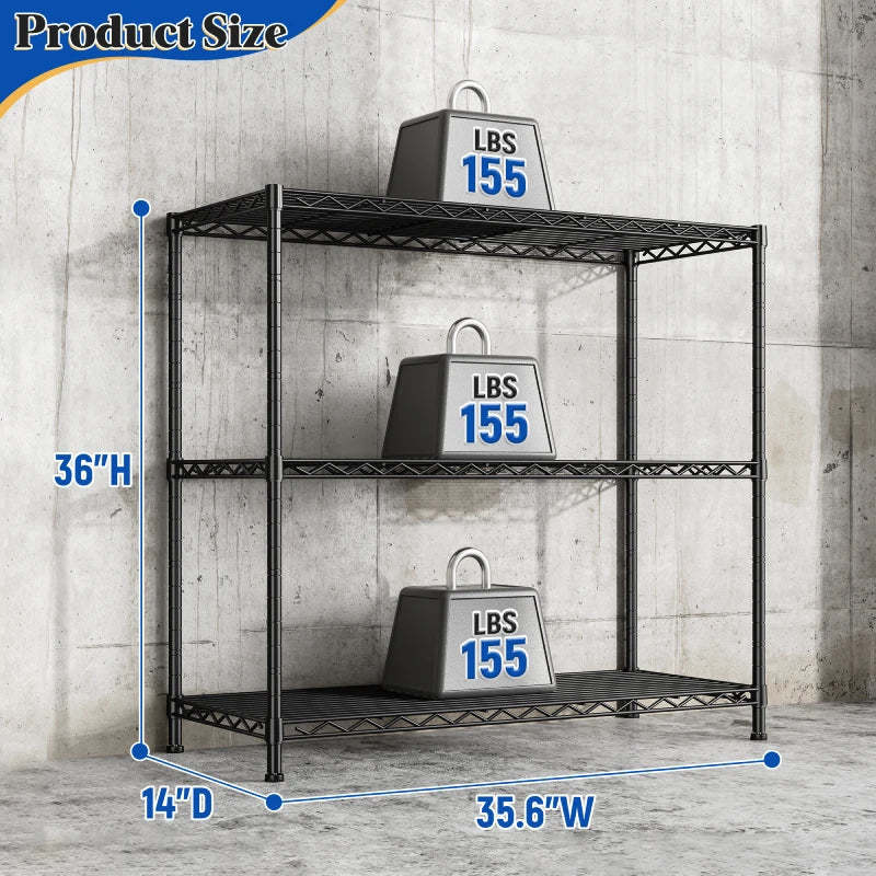 3-Shlef Metal Shelves, Adjustable Steel Wire Shelving Units, Storage Rack