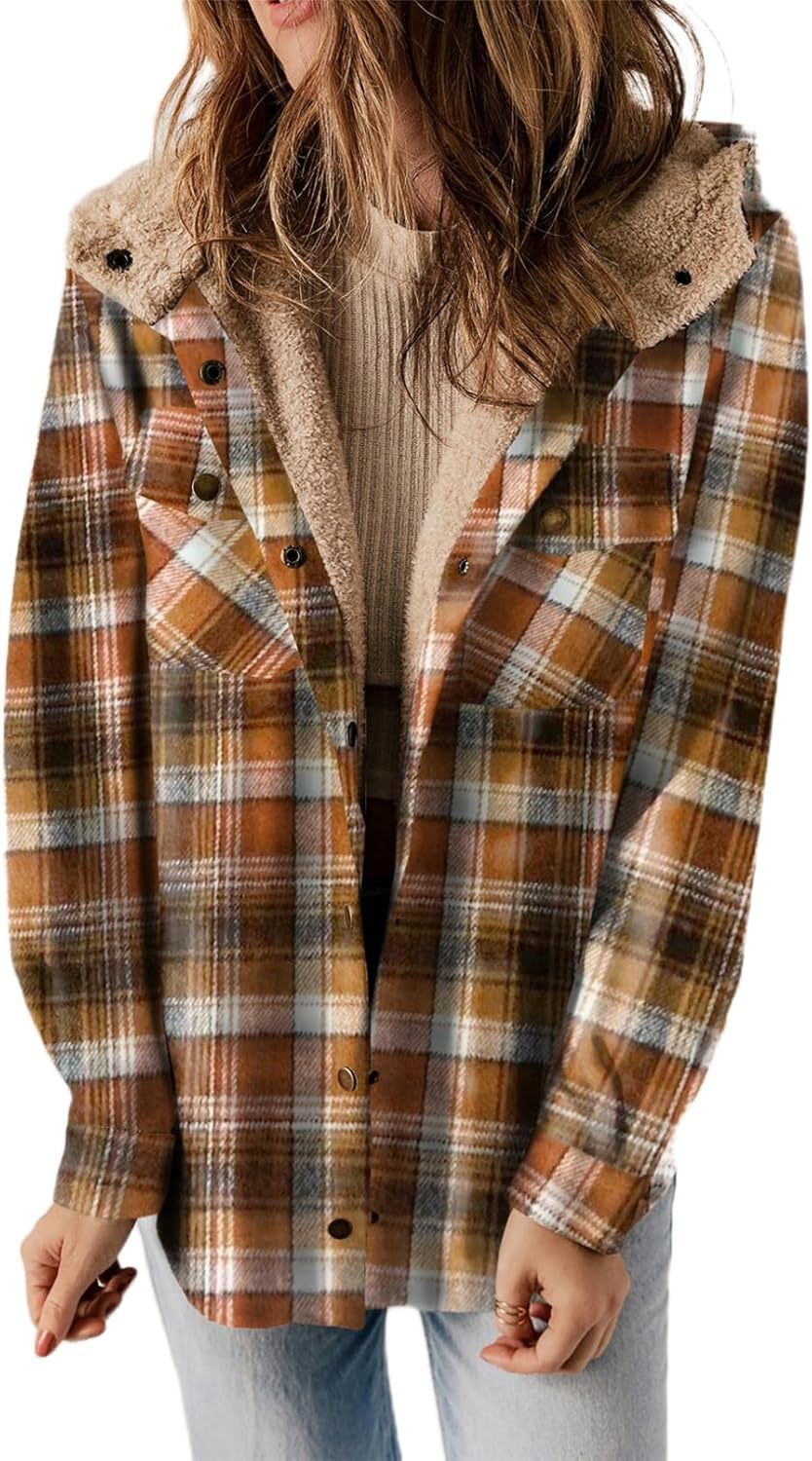 🔥Last day of limited-time offer⏰Women's Plaid / Flannel Houndstooth Print Button Front Hooded Coat