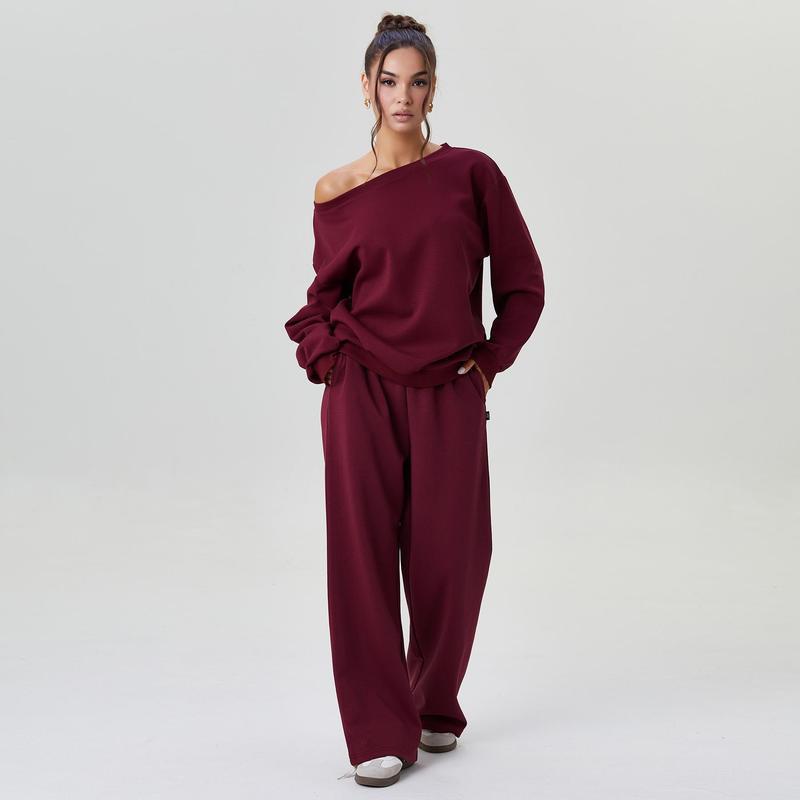 KatchMe Women's Leisure Solid Color Sloping Shoulder Long Sleeve Top & Wide Leg Trousers Co-ord, Cozy Scoop Neck Loose Two Piece Outfits, Basic Womenswear