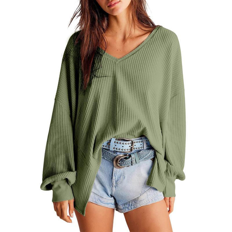 Dokotoo Womens Waffle Knit Tops Fashion Long Lantern Sleeve Casual Blouses V Neck Oversized T Shirts