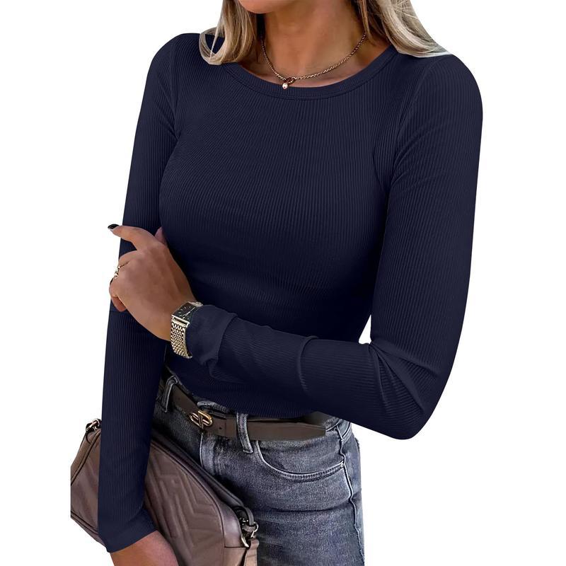 Women Long Sleeve Crewneck Rib Knit Slim Fit Shirts Basic Tee Tops 2025 Casual T-Shirt Going Out Workout Outfits Womenswear Knitwear
