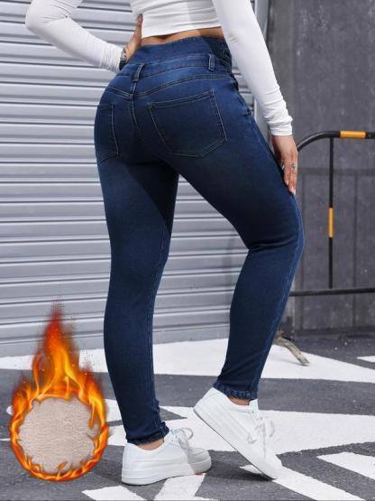 Women's Fleece-Lined Jeans, High Stretch Thick Denim For Winter, Slimming And Comfortable