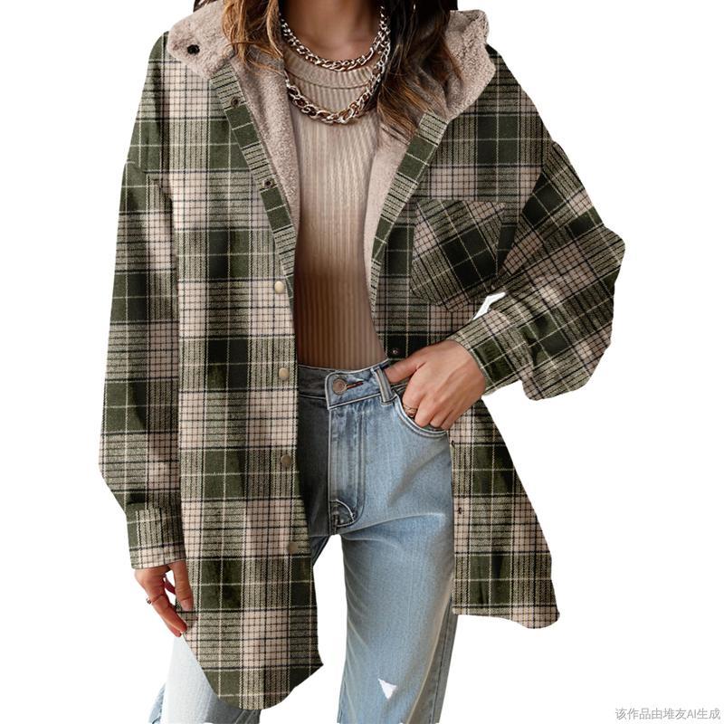 Women's Flannel Hooded Plaid 2026 Shacket Thick Coat Winter Coat for Warmth Button down Warm and Fuzzy Fleece Jacket