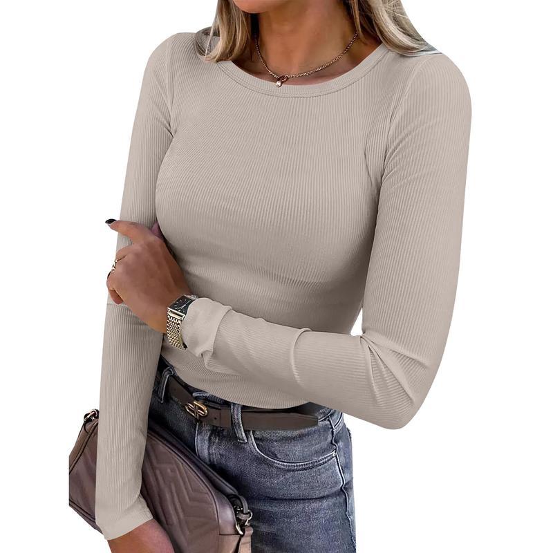 Women Long Sleeve Crewneck Rib Knit Slim Fit Shirts Basic Tee Tops 2025 Casual T-Shirt Going Out Workout Outfits Womenswear Knitwear