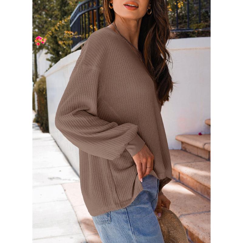Dokotoo Womens Waffle Knit Tops Fashion Long Lantern Sleeve Casual Blouses V Neck Oversized T Shirts