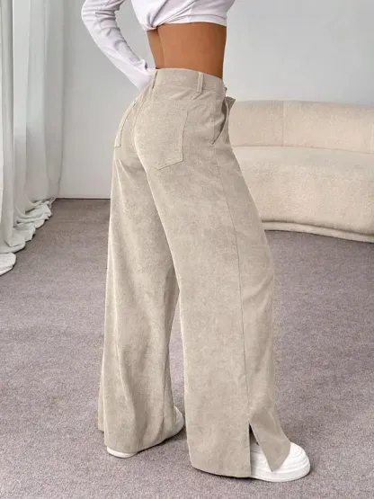 SweatyRocks Women's Corduroy Wide Leg Baggy Pants Casual Split Low Waist Long Fall Trousers with Pockets