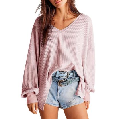 Dokotoo Womens Waffle Knit Tops Fashion Long Lantern Sleeve Casual Blouses V Neck Oversized T Shirts
