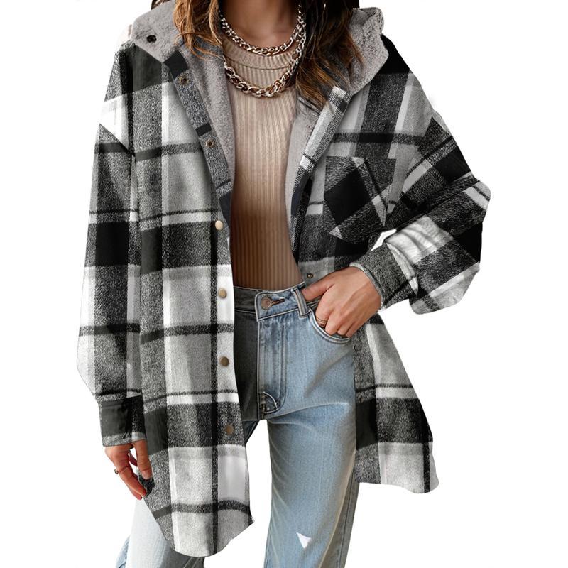 Dokotoo Women's Flannel Hooded Plaid 2026 Shacket Thick Coat Winter Coat for Warmth Button down Warm and Fuzzy Fleece Jacket