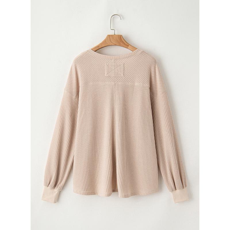 Dokotoo Womens Waffle Knit Tops Fashion Long Lantern Sleeve Casual Blouses V Neck Oversized T Shirts