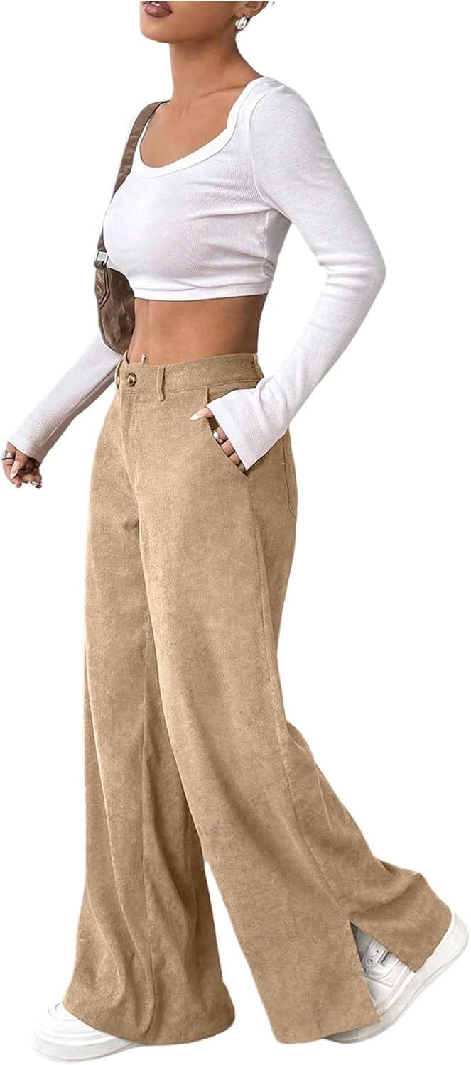 SweatyRocks Women's Corduroy Wide Leg Baggy Pants Casual Split Low Waist Long Fall Trousers with Pockets