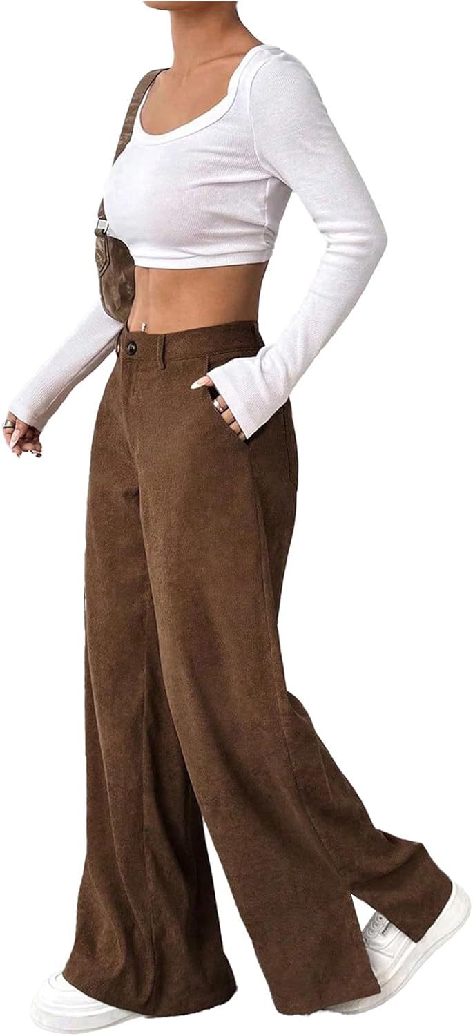 SweatyRocks Women's Corduroy Wide Leg Baggy Pants Casual Split Low Waist Long Fall Trousers with Pockets
