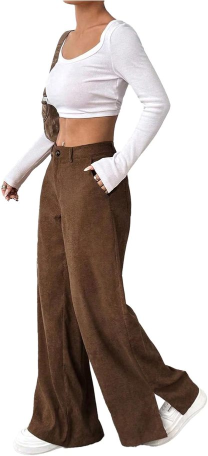 SweatyRocks Women's Corduroy Wide Leg Baggy Pants Casual Split Low Waist Long Fall Trousers with Pockets