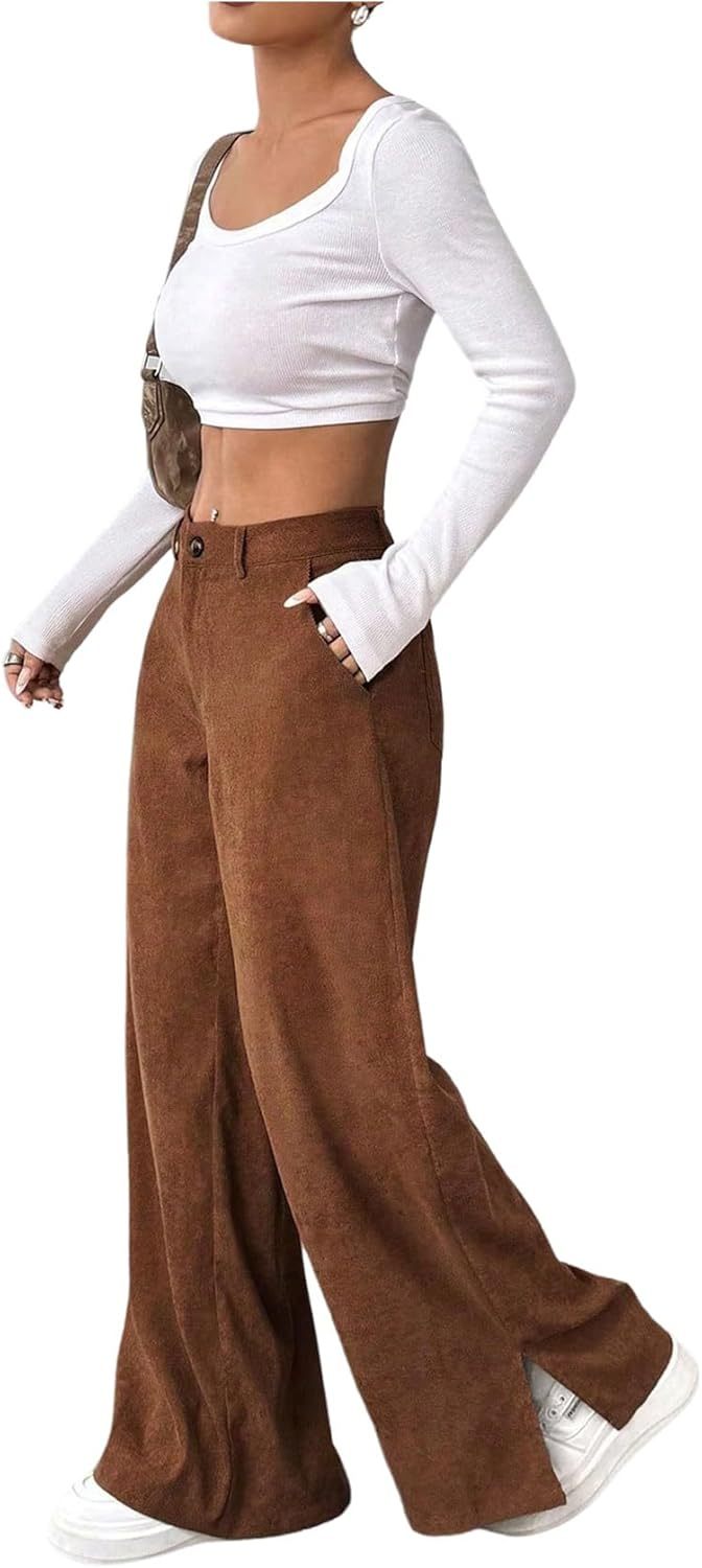 SweatyRocks Women's Corduroy Wide Leg Baggy Pants Casual Split Low Waist Long Fall Trousers with Pockets