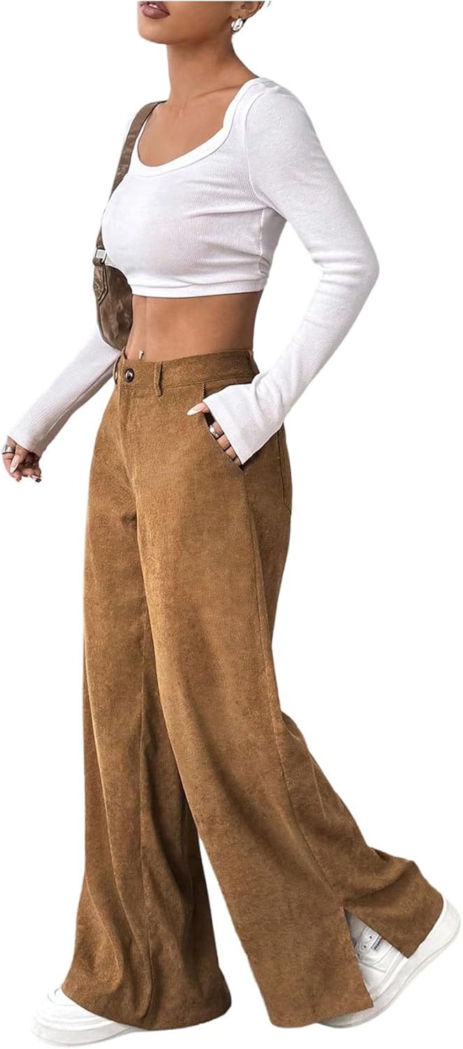 SweatyRocks Women's Corduroy Wide Leg Baggy Pants Casual Split Low Waist Long Fall Trousers with Pockets