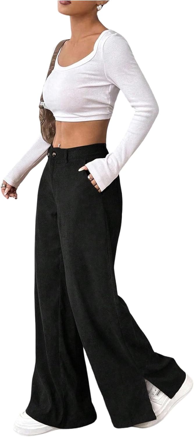 SweatyRocks Women's Corduroy Wide Leg Baggy Pants Casual Split Low Waist Long Fall Trousers with Pockets