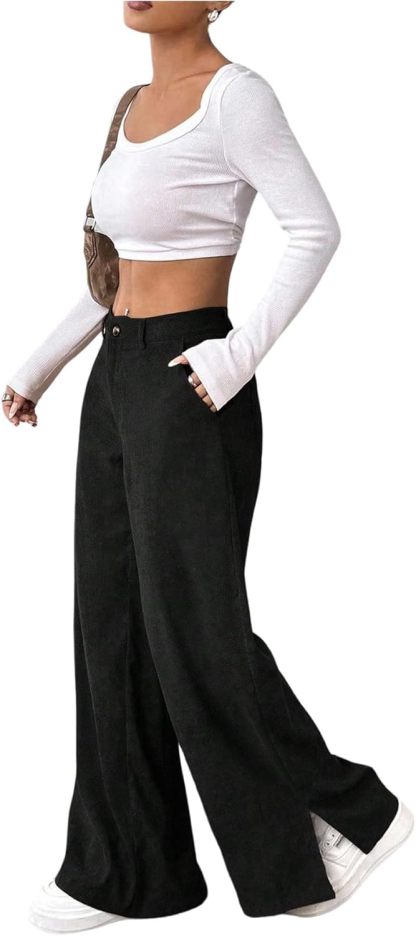 SweatyRocks Women's Corduroy Wide Leg Baggy Pants Casual Split Low Waist Long Fall Trousers with Pockets